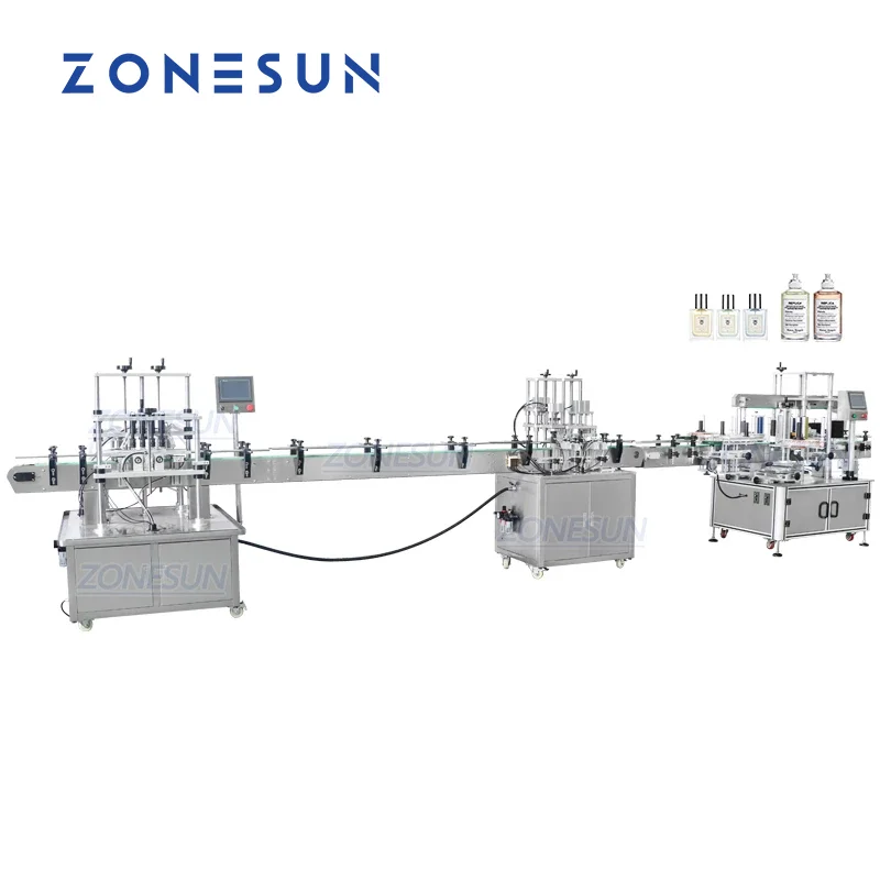 Автоматическая машина для вакуумного розлива парфюмерной жидкости, укупорки и наклеивания этикеток на круглые и квадратные стеклянные бутылки ZONESUN Изображение 0