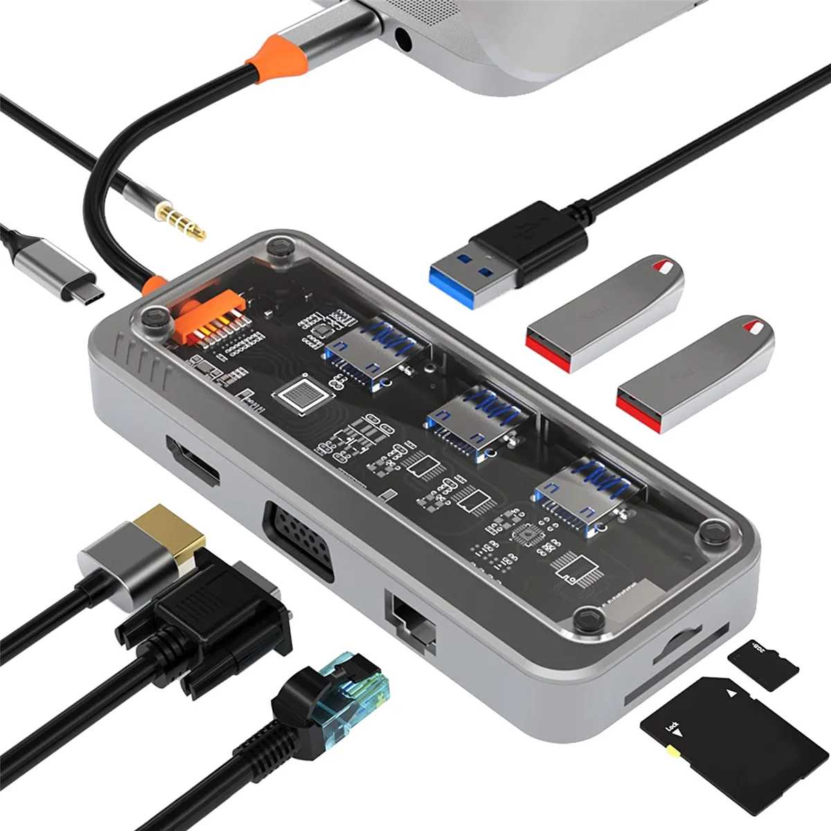 Адаптер-концентратор USB C 10 в 1, Док-станции для ноутбуков USB C для двух мониторов, Порты USB3.0 2.0, Зарядка PD мощностью 100 Вт, RJ45, Аудио Изображение 1