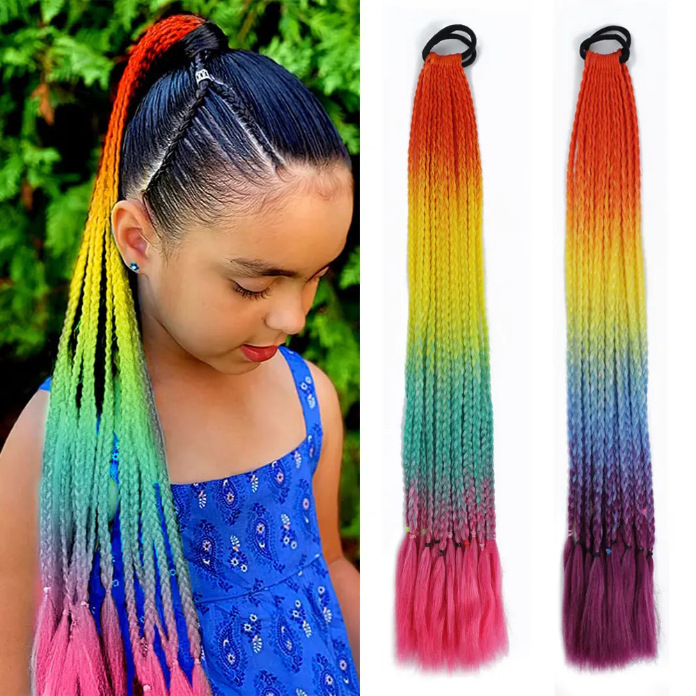 AZQUEEN Наращивание волос в синтетический цветной плетеный хвост Радужного цвета, косички в виде конского хвоста с резинкой, косичка для девочек Изображение 0