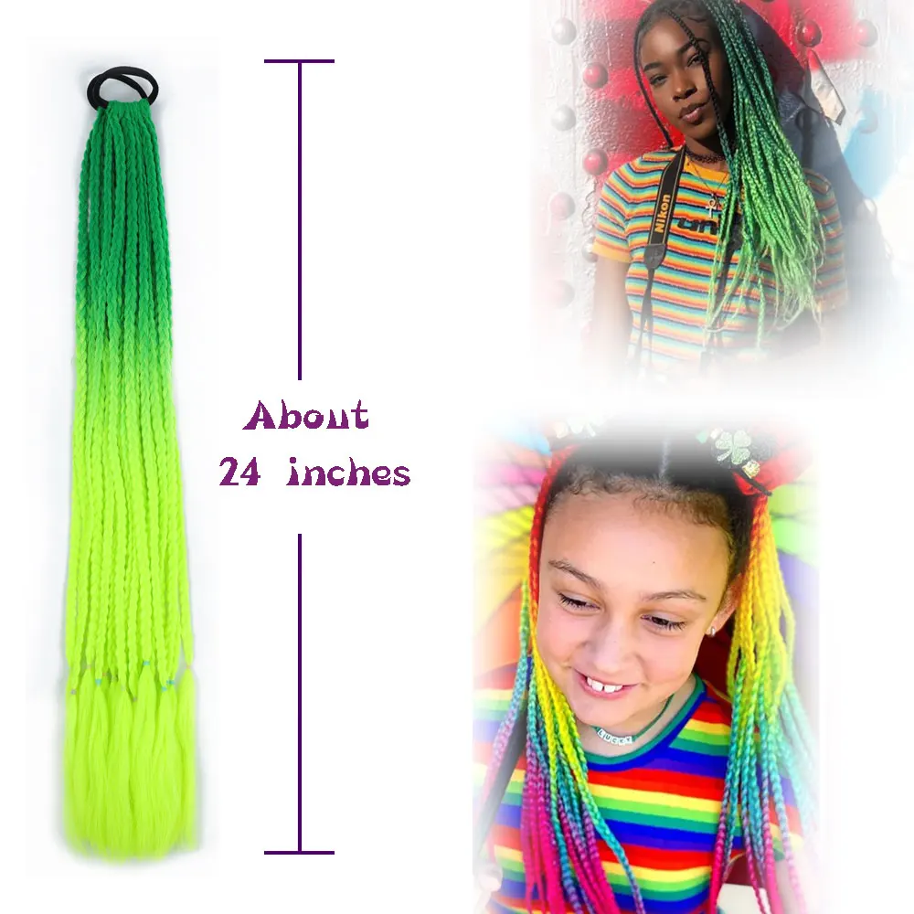 AZQUEEN Наращивание волос в синтетический цветной плетеный хвост Радужного цвета, косички в виде конского хвоста с резинкой, косичка для девочек Изображение 1