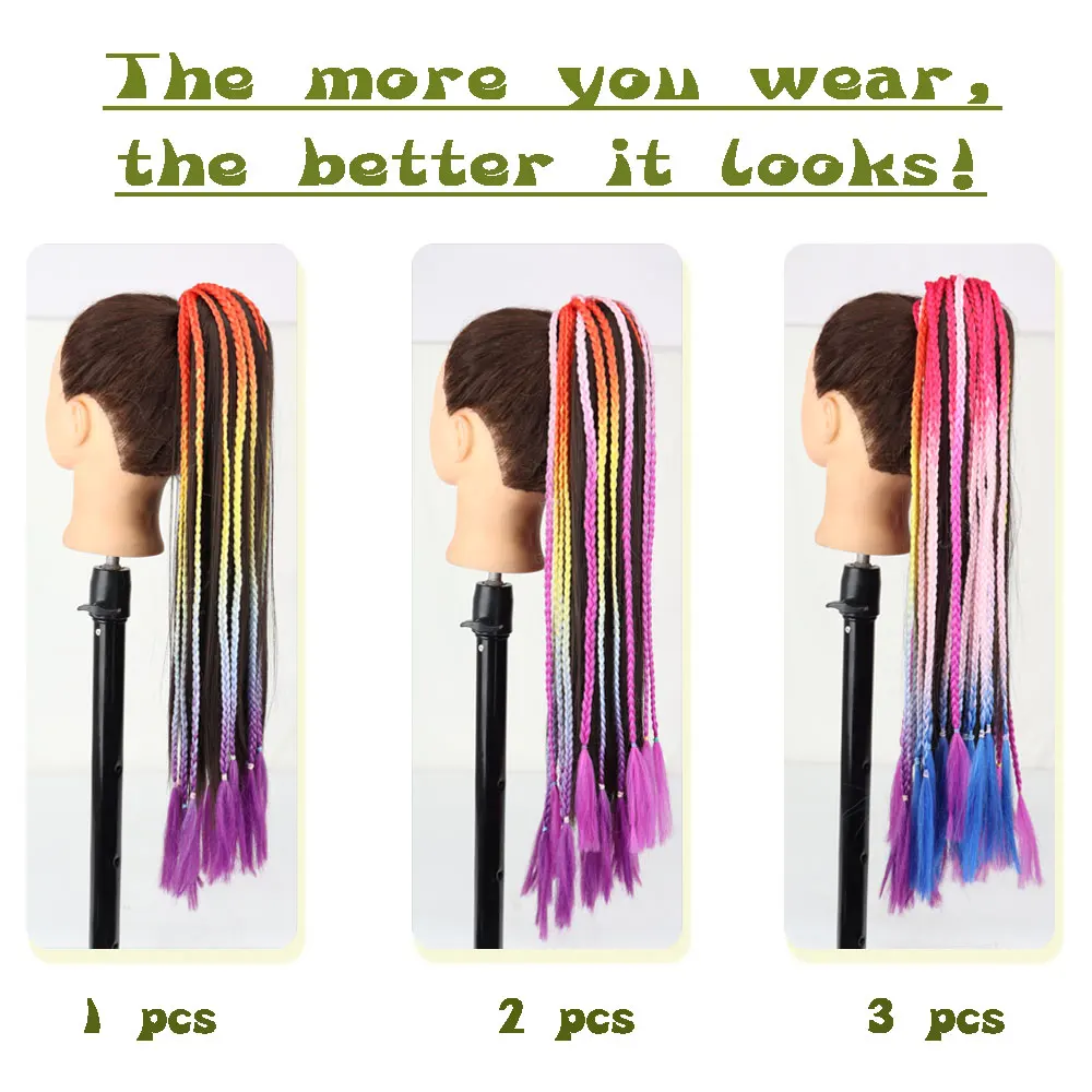 AZQUEEN Наращивание волос в синтетический цветной плетеный хвост Радужного цвета, косички в виде конского хвоста с резинкой, косичка для девочек Изображение 4
