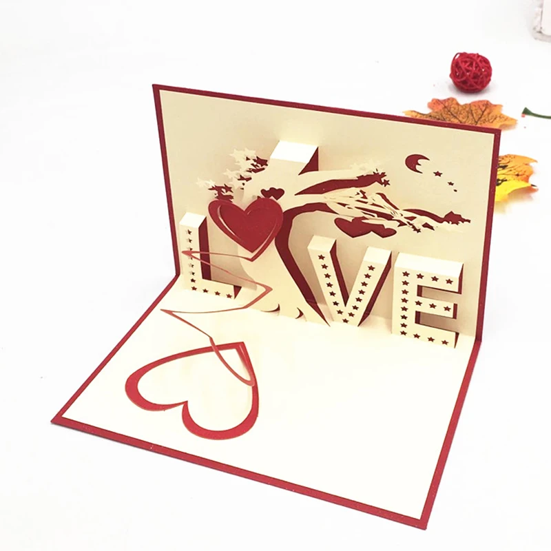 1шт Лазерная резка 3D Всплывающие Поздравительные открытки Дерево любви С конвертом Пригласительная открытка На День Святого Валентина Украшение свадебной вечеринки Изображение 2