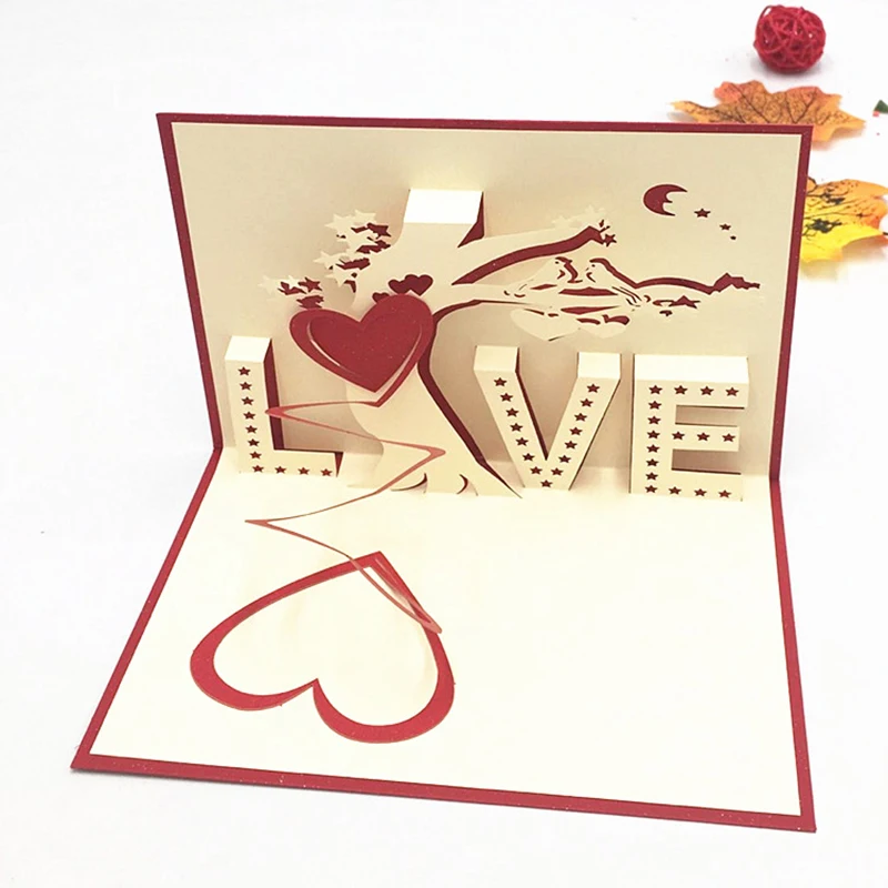 1шт Лазерная резка 3D Всплывающие Поздравительные открытки Дерево любви С конвертом Пригласительная открытка На День Святого Валентина Украшение свадебной вечеринки Изображение 4