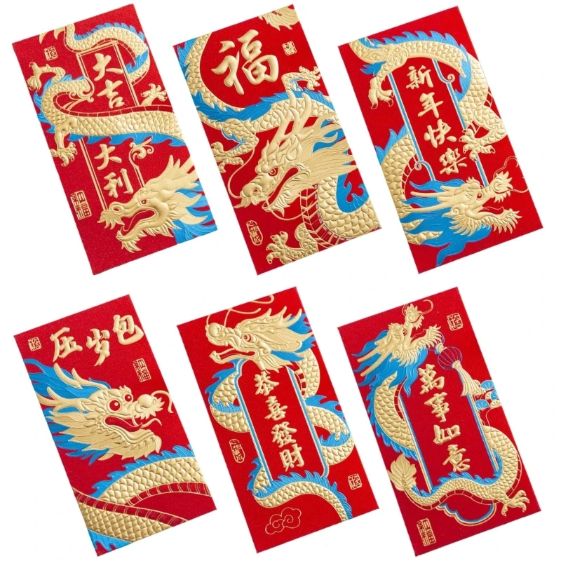 6шт Китайских Длинных Красных Конвертов Dragon Year Luck Money Pocket Hongbao Красный Пакет для 2024 New Year Of Dragon Decor Изображение 0