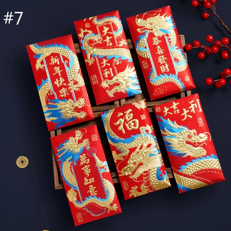6шт Китайских Длинных Красных Конвертов Dragon Year Luck Money Pocket Hongbao Красный Пакет для 2024 New Year Of Dragon Decor Изображение 2