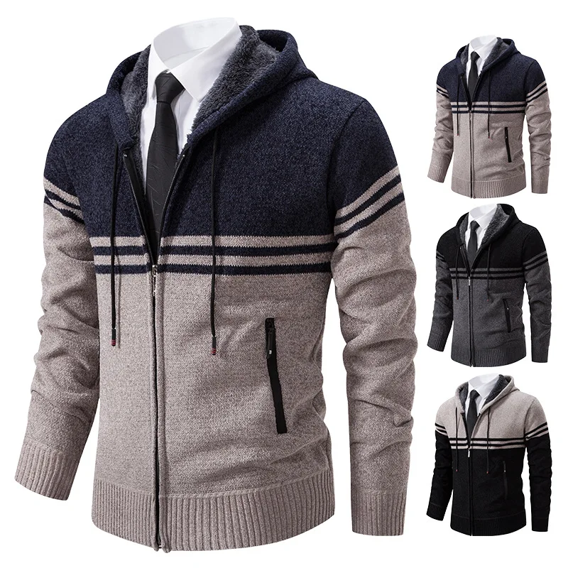 Осенне-зимний Новый мужской контрастный свитер с капюшоном, кардиган, Повседневный деловой трикотаж, свитер, пальто, мужская одежда оптом Изображение 0