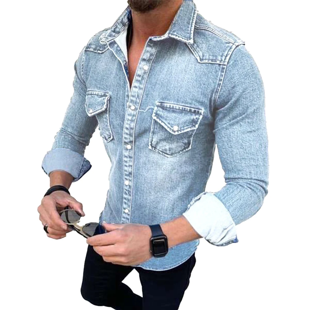 Мужская приталенная джинсовая рубашка на пуговицах с длинным рукавом и карманом, нагрудный карман, застежка на пуговицы и карман на пуговицах Изображение 0