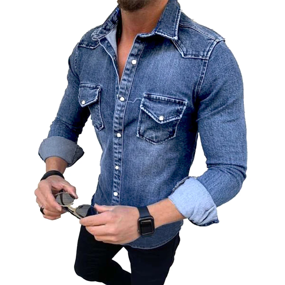 Мужская приталенная джинсовая рубашка на пуговицах с длинным рукавом и карманом, нагрудный карман, застежка на пуговицы и карман на пуговицах Изображение 1