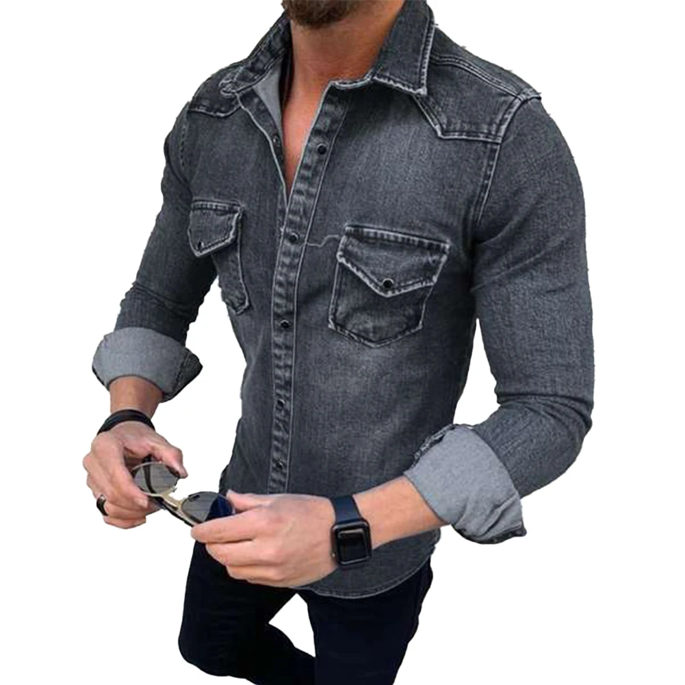 Мужская приталенная джинсовая рубашка на пуговицах с длинным рукавом и карманом, нагрудный карман, застежка на пуговицы и карман на пуговицах Изображение 2