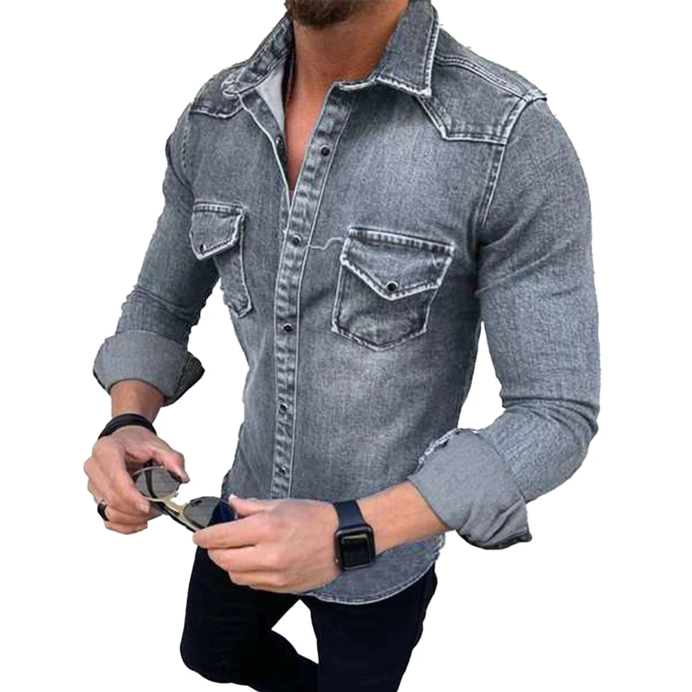 Мужская приталенная джинсовая рубашка на пуговицах с длинным рукавом и карманом, нагрудный карман, застежка на пуговицы и карман на пуговицах Изображение 3