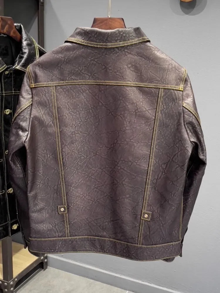 Винтажная мужская мотоциклетная куртка из воловьей кожи, весеннее Приталенное пальто-карго, Уличная Однобортная повседневная верхняя одежда Изображение 3