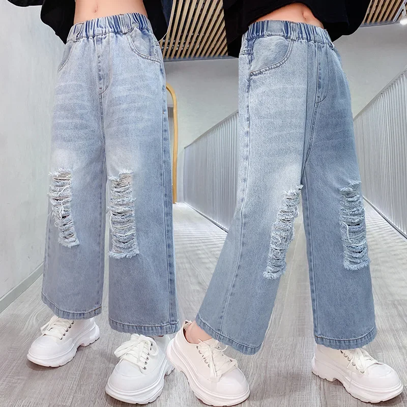 Модные рваные джинсы для девочек, весенне-осенние джинсовые брюки, Детские Корейские Подростковые Свободные брюки, одежда для девочек 5-14 лет Изображение 2