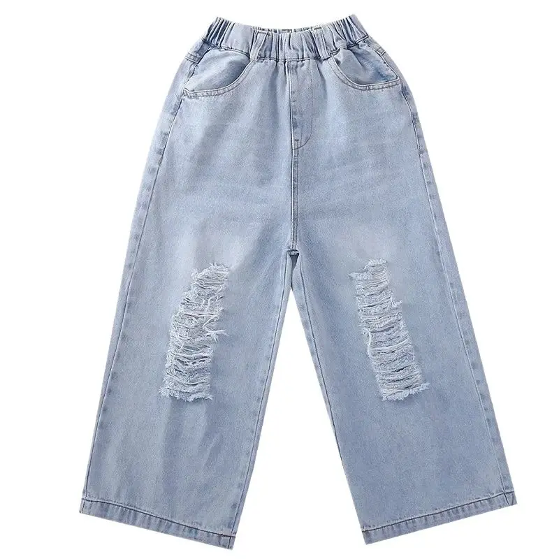 Модные рваные джинсы для девочек, весенне-осенние джинсовые брюки, Детские Корейские Подростковые Свободные брюки, одежда для девочек 5-14 лет Изображение 3