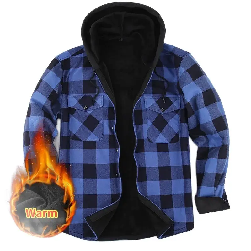 Осенне-зимняя бархатная мужская рубашка с длинным рукавом, тонкая повседневная деловая рубашка, мужская толстая теплая клетчатая мужская куртка, мужская рубашка с капюшоном, одежда Изображение 1