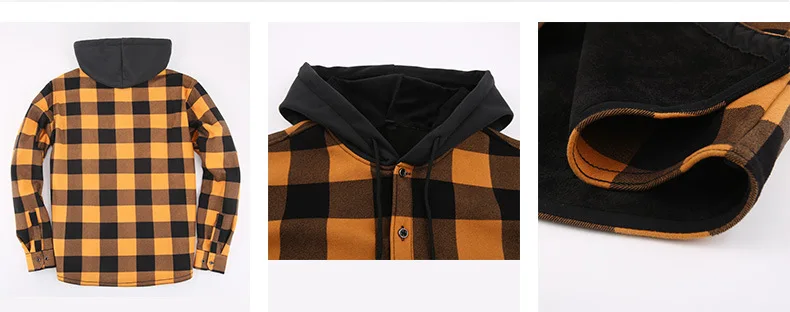 Осенне-зимняя бархатная мужская рубашка с длинным рукавом, тонкая повседневная деловая рубашка, мужская толстая теплая клетчатая мужская куртка, мужская рубашка с капюшоном, одежда Изображение 4