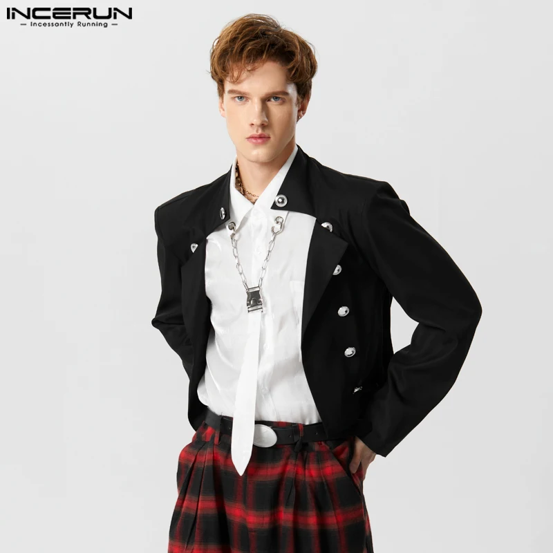 Мужские куртки INCERUN, однотонные повседневные укороченные пальто с открытой строчкой, с длинным рукавом, двубортные, уличная одежда, модные тонкие куртки 2023 года. Изображение 1