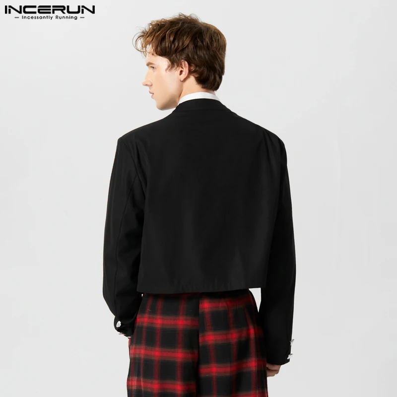 Мужские куртки INCERUN, однотонные повседневные укороченные пальто с открытой строчкой, с длинным рукавом, двубортные, уличная одежда, модные тонкие куртки 2023 года. Изображение 3