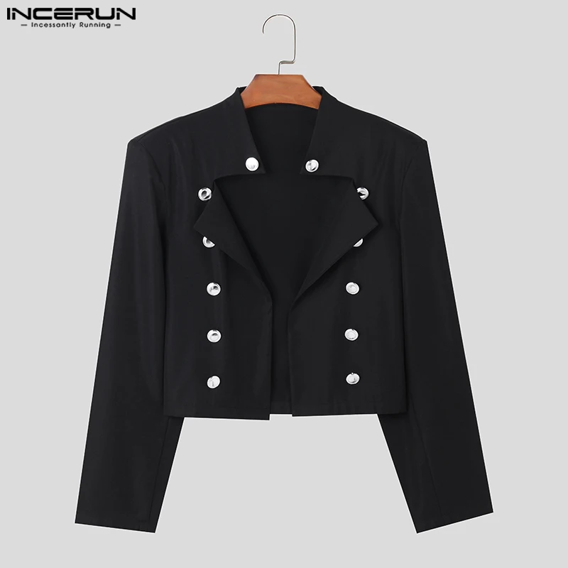Мужские куртки INCERUN, однотонные повседневные укороченные пальто с открытой строчкой, с длинным рукавом, двубортные, уличная одежда, модные тонкие куртки 2023 года. Изображение 4