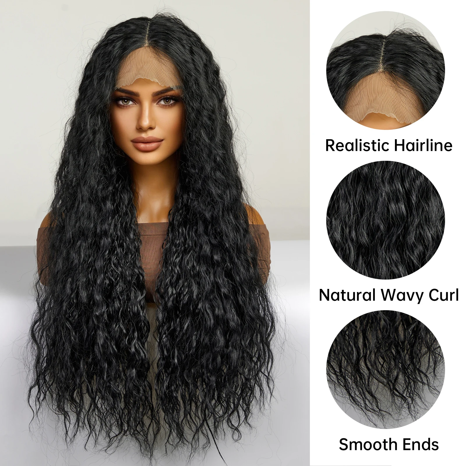 Кудрявые синтетические кружевные парики, длинные черные волосы с глубокой волной, кружевной парик Brizilian спереди для афро-женщин, термостойкие, для ежедневных вечеринок. Изображение 2