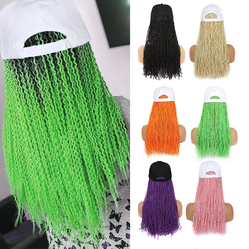 Зеленая синтетическая плетеная шляпа Парики Бейсболка с цветной коробкой длиной 16 дюймов Для наращивания волос в косичку для чернокожих Белых женщин и девочек Изображение 0