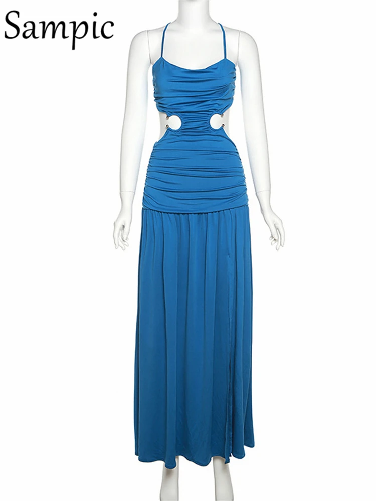 Женское платье Sampic с высоким разрезом, без спинки, на бретельках, базовое клубное модное платье для вечеринок 2022, коричневое Летнее синее платье, наряды Изображение 4