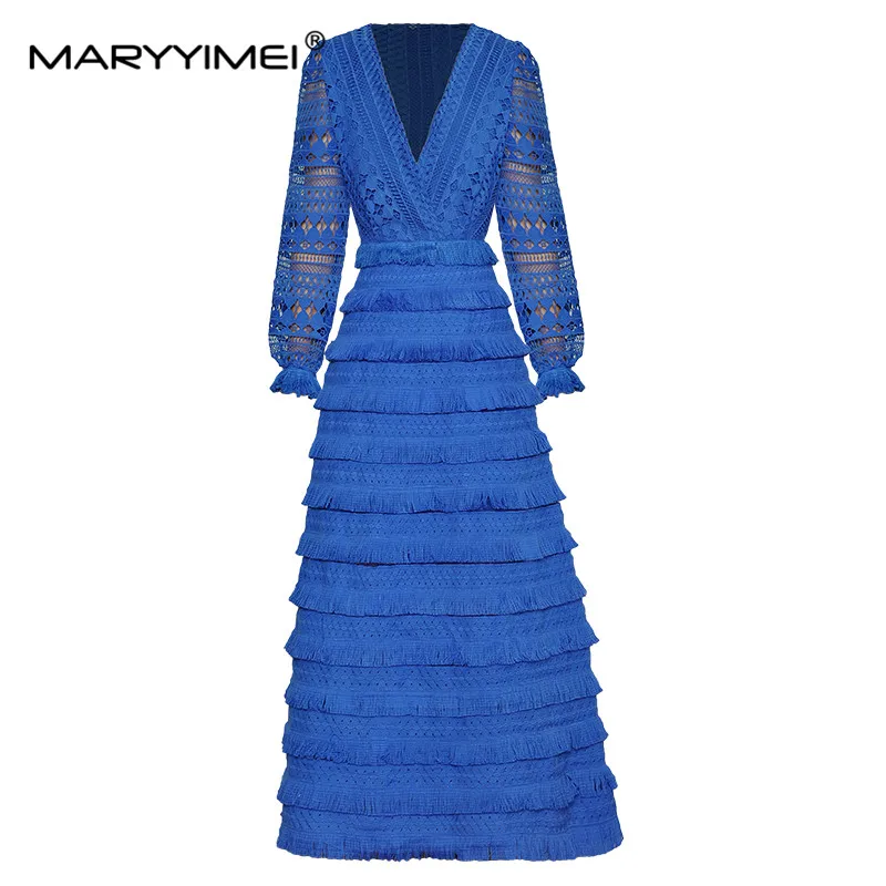 Дизайнерское женское модное платье MARYYIMEI S-XXXXL с V-образным вырезом, открытыми рукавами-фонариками, каскадными кисточками, синие вечерние элегантные платья Изображение 0