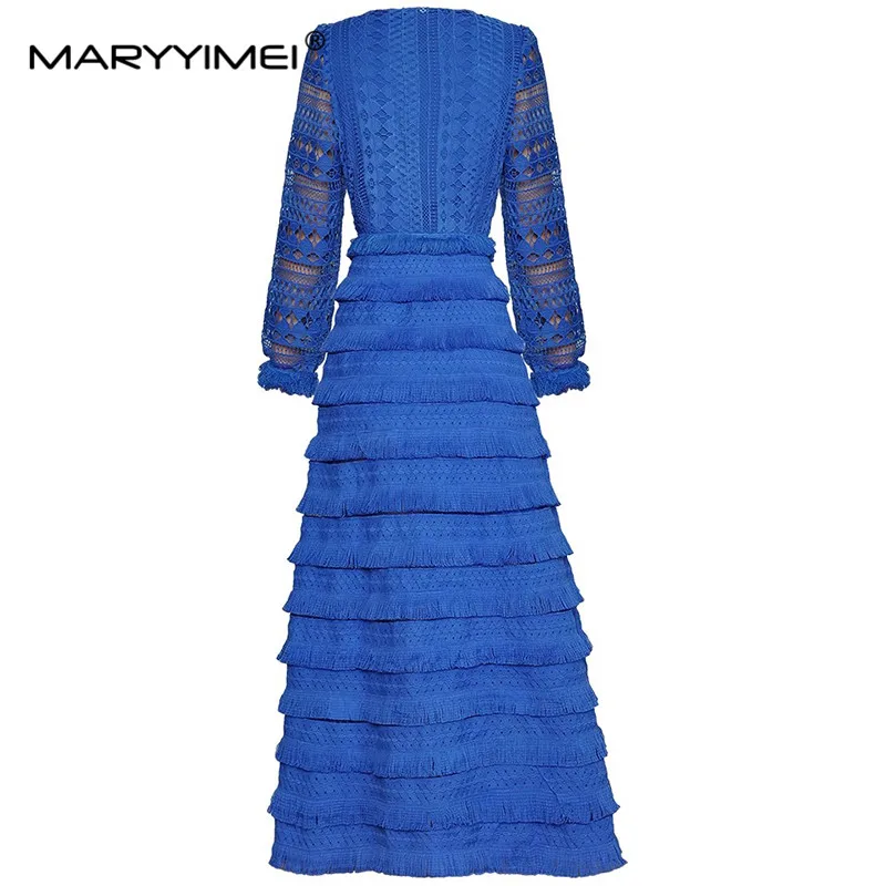 Дизайнерское женское модное платье MARYYIMEI S-XXXXL с V-образным вырезом, открытыми рукавами-фонариками, каскадными кисточками, синие вечерние элегантные платья Изображение 1