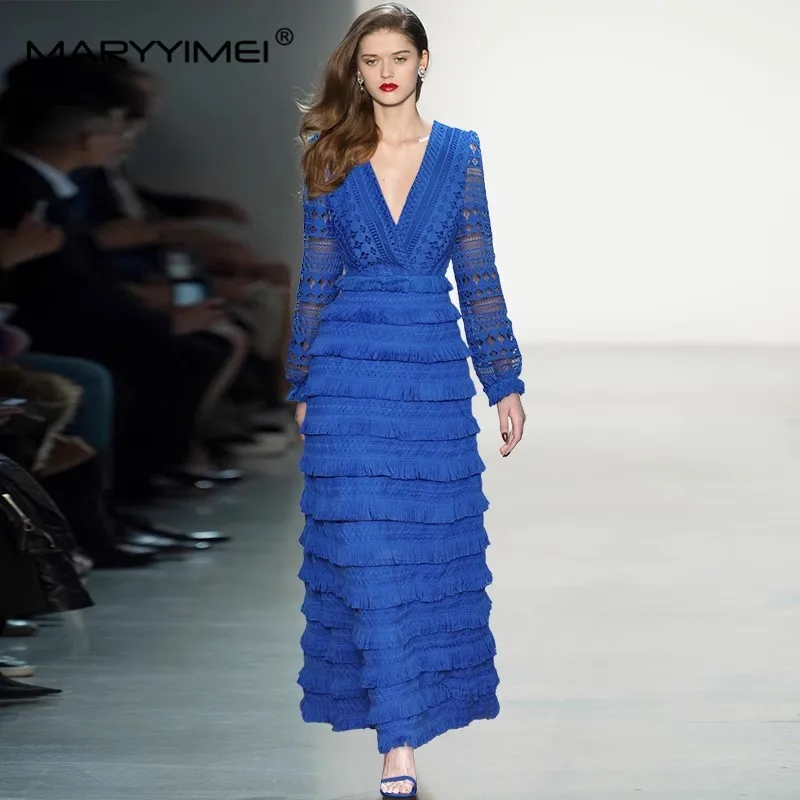 Дизайнерское женское модное платье MARYYIMEI S-XXXXL с V-образным вырезом, открытыми рукавами-фонариками, каскадными кисточками, синие вечерние элегантные платья Изображение 2