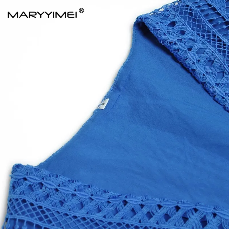 Дизайнерское женское модное платье MARYYIMEI S-XXXXL с V-образным вырезом, открытыми рукавами-фонариками, каскадными кисточками, синие вечерние элегантные платья Изображение 3