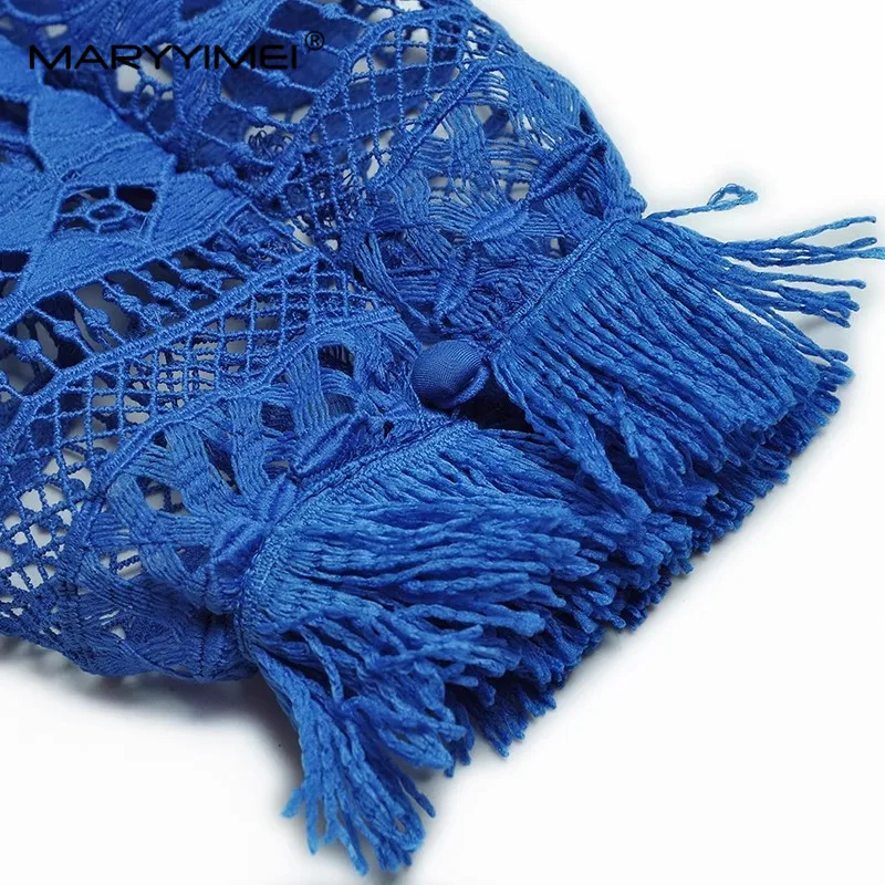 Дизайнерское женское модное платье MARYYIMEI S-XXXXL с V-образным вырезом, открытыми рукавами-фонариками, каскадными кисточками, синие вечерние элегантные платья Изображение 4