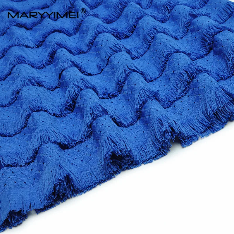 Дизайнерское женское модное платье MARYYIMEI S-XXXXL с V-образным вырезом, открытыми рукавами-фонариками, каскадными кисточками, синие вечерние элегантные платья Изображение 5