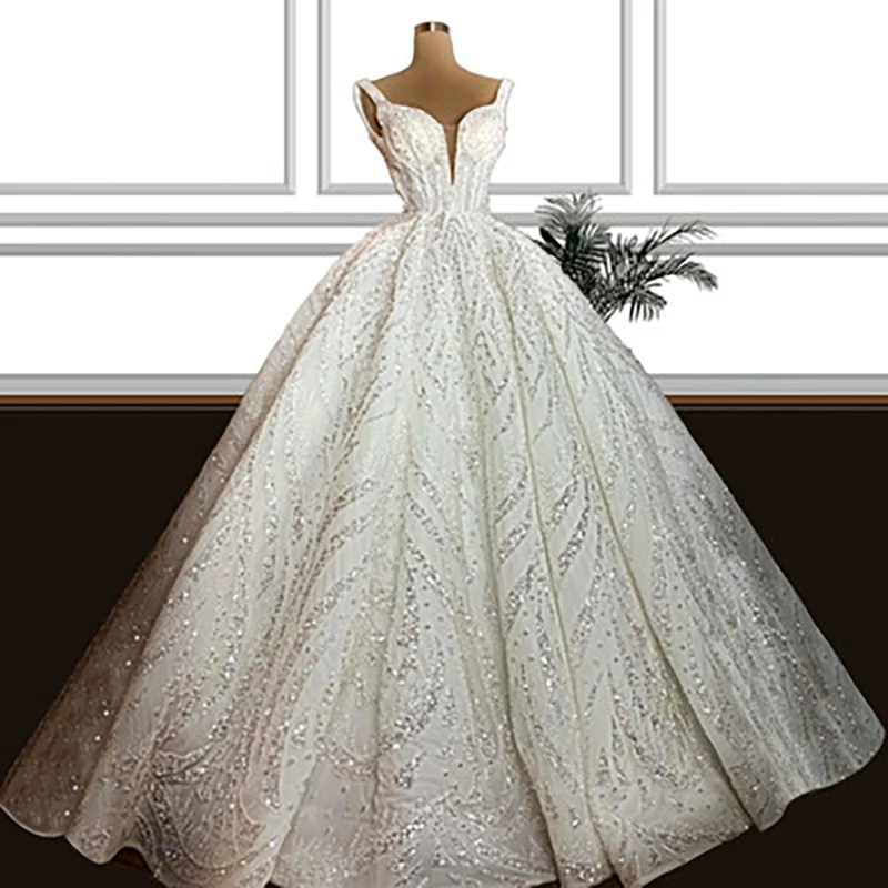 Хорошо продуманный дизайн, Блестящие бусины, пайетки, Бальные платья, Robe De Mariée, Пышное свадебное платье на тонких бретельках. Изображение 0