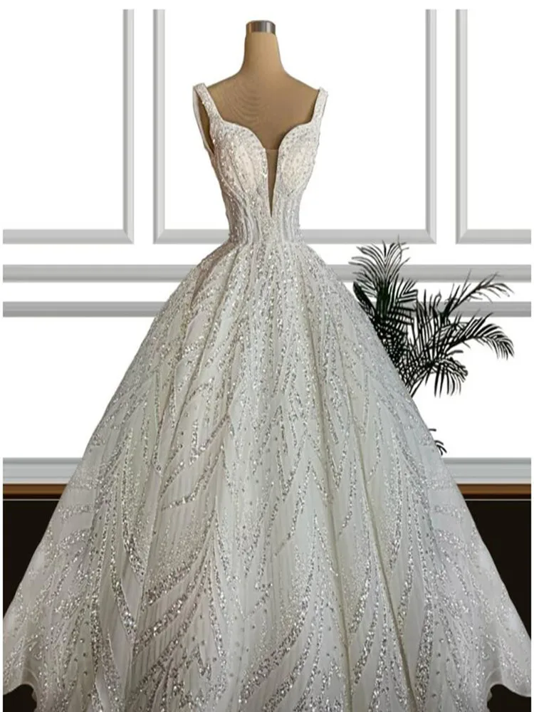 Хорошо продуманный дизайн, Блестящие бусины, пайетки, Бальные платья, Robe De Mariée, Пышное свадебное платье на тонких бретельках. Изображение 1