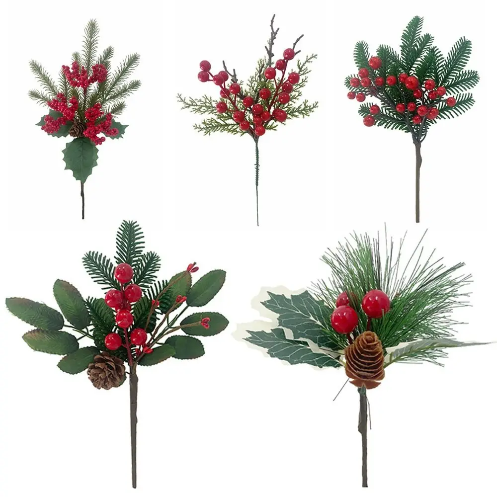 Сделай САМ Рождественские ягоды, Сосновые ветки, Рождественская елка, украшение для дома, стебли искусственных растений, Красно-зеленый реквизит для фотографий Изображение 0