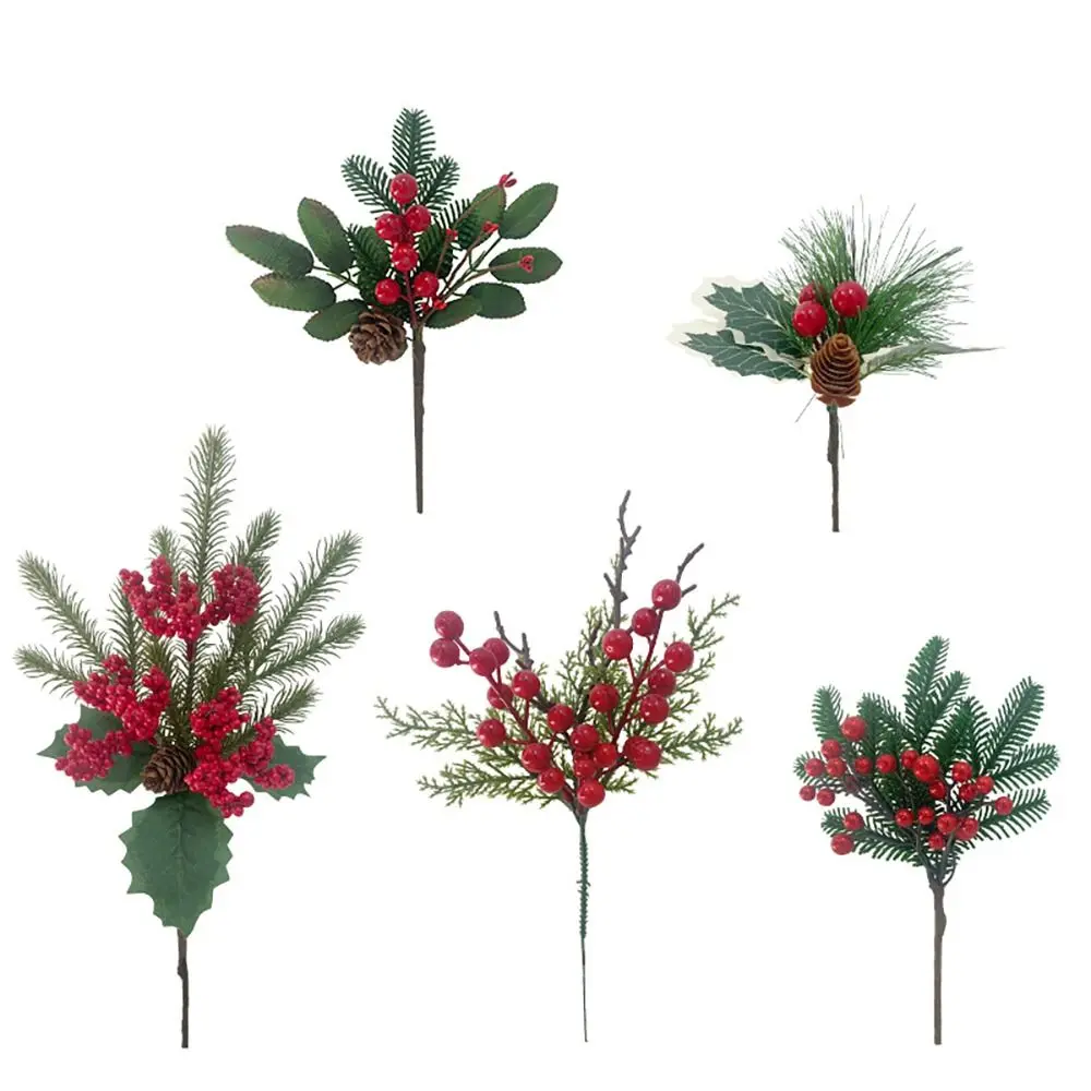 Сделай САМ Рождественские ягоды, Сосновые ветки, Рождественская елка, украшение для дома, стебли искусственных растений, Красно-зеленый реквизит для фотографий Изображение 2