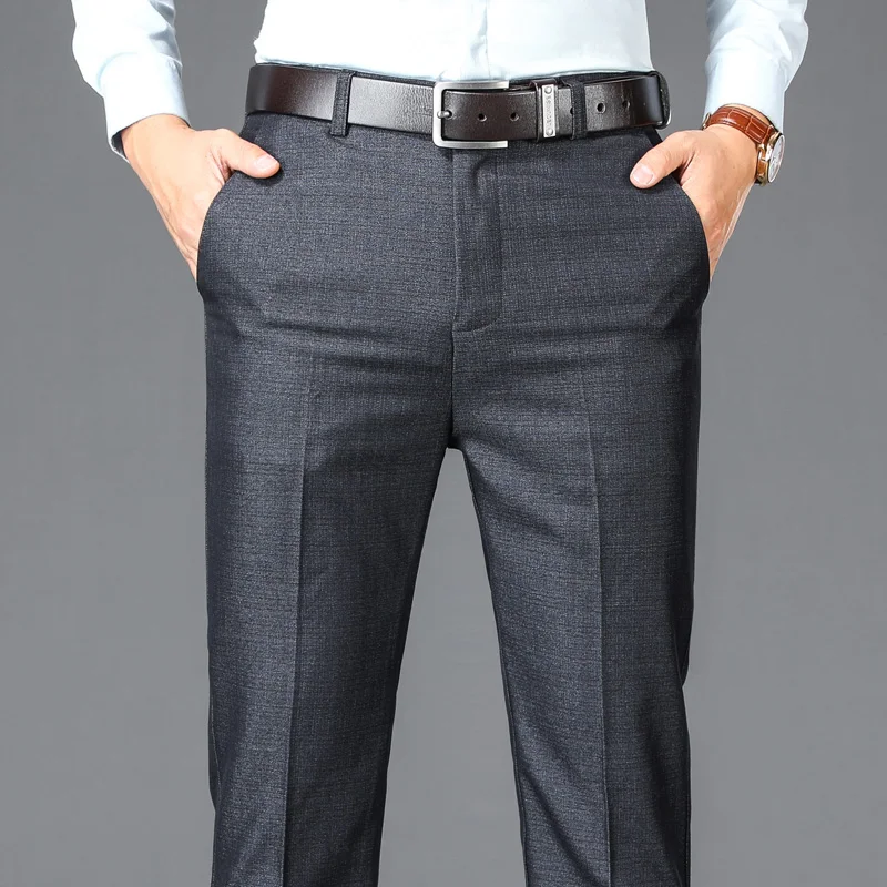Новый деловой повседневный костюм, брюки, мужские однотонные прямые офисные брюки с высокой талией, мужские костюмы в классическом стиле, длинные брюки, большие размеры Изображение 0