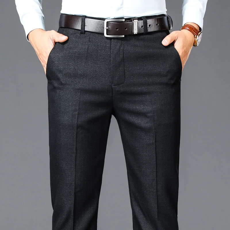 Новый деловой повседневный костюм, брюки, мужские однотонные прямые офисные брюки с высокой талией, мужские костюмы в классическом стиле, длинные брюки, большие размеры Изображение 3