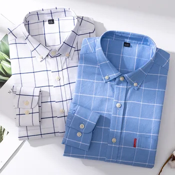 100% Натуральный хлопок Оксфорд Мужские полосатые рубашки в клетку, мужская деловая Повседневная Высококачественная рубашка с длинным рукавом для мужчин, рубашка на пуговицах S-7XL