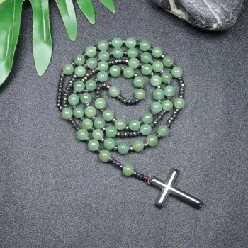 1ШТ Зеленый камень-Ключик, Ожерелье из бисера с крестом из натурального камня, Железные Бусины из желчного камня, Бусины ручной работы, Ожерелье в мужском стиле 8 мм