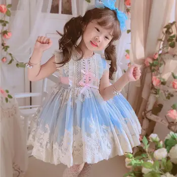 2023 Бутик платьев международного бренда Baby Girls Royal Princess Kid Girl с цветочным принтом, Лоскутные Кружевные платья Lolita Kawaii
