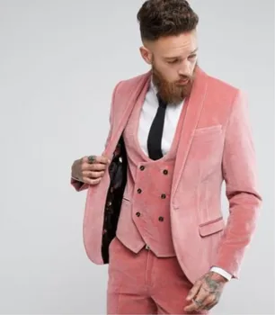 2023 Мужские костюмы из розового бархата на заказ, 3 предмета, Модное зимнее свадебное платье для жениха, Приталенный мужской смокинг, пиджак + жилет + брюки