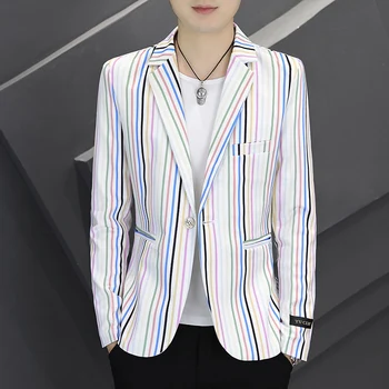 2023-Новая мужская мода, деловой джентльмен, Повседневный элегантный деловой стиль, Приталенный полосатый свадебный Корейский блейзер для ведущего.