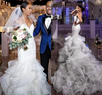 2024 Винтажные свадебные платья Русалки для Африки, многоуровневые юбки, кружевные пуговицы сзади, плюс Размер свадебного платья, поезд из Дубайской часовни