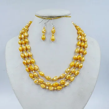 3-рядное 8 мм ожерелье/серьги из натурального пресноводного жемчуга в стиле барокко. Свадебные украшения для Африканской невесты