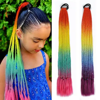 AZQUEEN Наращивание волос в синтетический цветной плетеный хвост Радужного цвета, косички в виде конского хвоста с резинкой, косичка для девочек