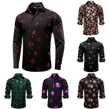 Hi-Tie, черные, красные, Рождественские Мужские рубашки, шелковая весенне-осенняя рубашка с длинным рукавом и лацканами, приталенная блузка для мужчин, бизнес-дизайнер
