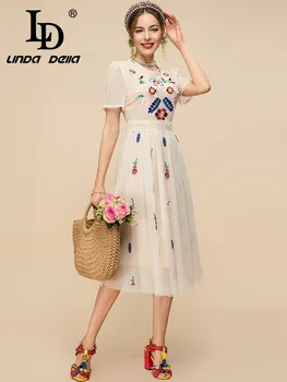 LD LINDA DELLA Летнее Модное дизайнерское платье миди, женское сетчатое платье с коротким рукавом и цветочной вышивкой, винтажное вечернее элегантное платье