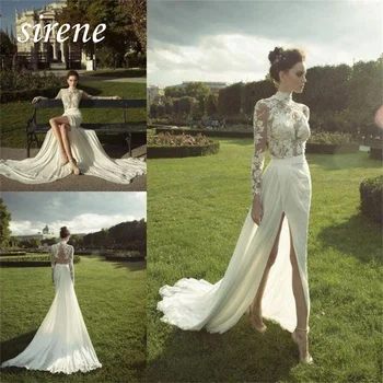 Sirene Элегантное Женское свадебное платье с длинными рукавами и круглым вырезом, кружевные аппликации, платье невесты с высоким разрезом, Трапециевидный простой шлейф.
