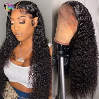 Бесклеевой парик из человеческих волос, предварительно выщипанные Кудрявые парики на кружеве Для женщин, Бразильский прозрачный парик на кружеве из человеческих волос