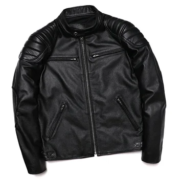 Бесплатная доставка 2023 Новая черная куртка из натуральной кожи Мужская мотоциклетная байкерская куртка из воловьей кожи, Тонкая модная одежда для мужчин